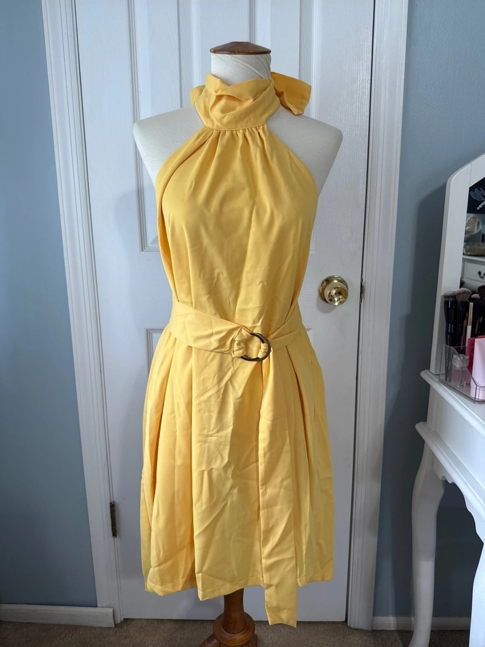 Yellow Halter Neck Belted A-Line Dress